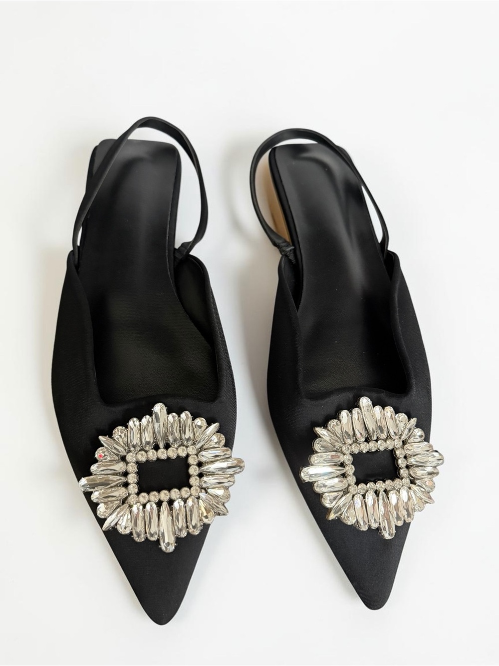 Women’z Black Satin Slingback Flats with Crystal Buckle Chic Feminine | Size 8